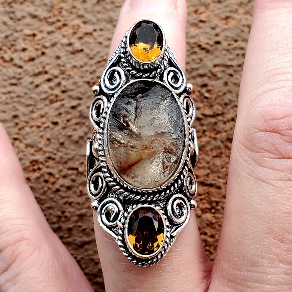 New Rough Golden Rutile and Citrine 925 Silver Statement Ring. - Picture 5 of 14
